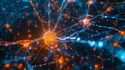 Fototapeta premium A quantum computing system with connected particles and a cyber grid. Artificial neurons and global data connections - generative artificial intelligence