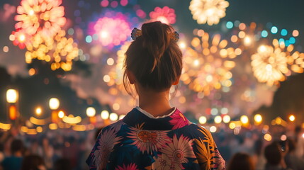 花火大会を観る若い女性の後ろ姿