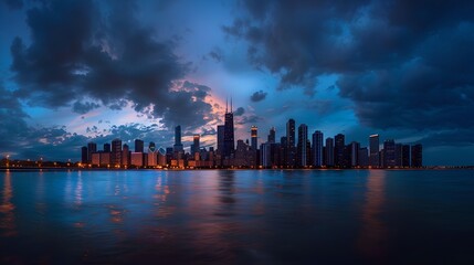 Obraz premium Beautiful sunset city skyline. The view shows skyscrapers reflecting in water. Perfect for urban themes or cityscape lovers. AI