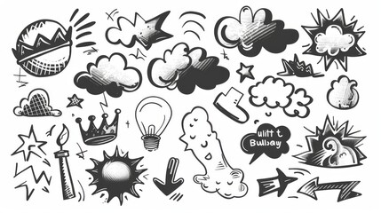 Naklejka premium Ink doodle elements, crown, emphasis arrow, speech bubble, scribble. Handdrawn cute cartoon pencil sketches of decorative icons. Modern illustration of cloud, highlight, explosion, sun.