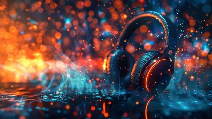With sparkling colors, dust, and smoke, and vibrant light effects, stereo headphones blast music sounds, beats, pulses, bass and beats.