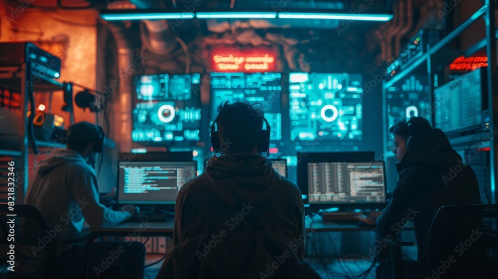 Canvas Prints A team of highly wanted teen hackers infect servers and infrastructure with ransomware. Their hideout is dark, neon lit, and contains multiple displays.