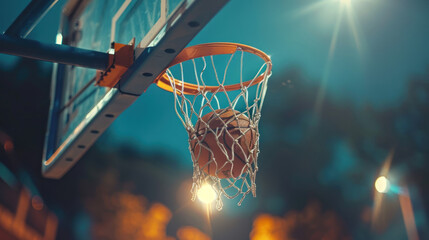 Basketball scoring a basket as it goes through the hoop and making a swish in the net