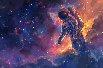 Obraz premium Space Exploration, Space exploration, cosmic colors, starry background, cartoon drawing, water color style 