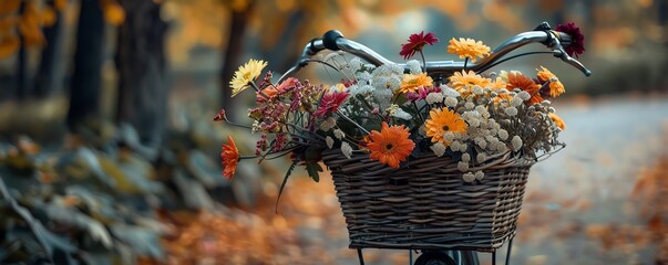 A bicycle with a basket full of flowers is parked in a park