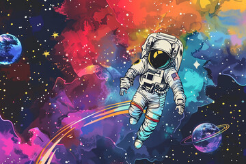 Fototapeta premium Space Exploration, Space exploration, cosmic colors, starry background, cartoon drawing, water color style 