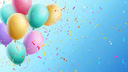 Festive blue background with balloons and confetti of different colors. Birthday background. Copy space