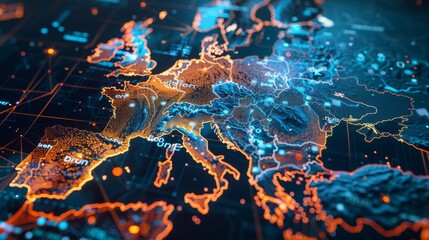 Data transfer and cyber technology, information exchange and telecommunications in Western Europe, concept of European global network and connectivity.
