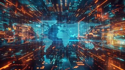 Obraz premium Digital world map abstracted, global network concept, cyber technology, information exchange and telecommunications concept.