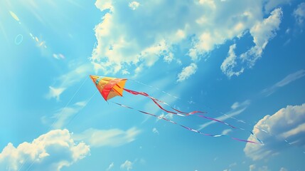 A red and yellow kite soars through the cerulean sky, its tail trailing behind it like a comet's