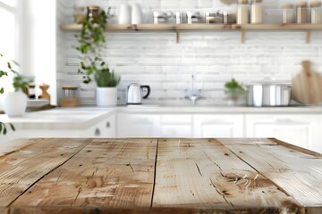 A bright and airy kitchen interior viewed from the perspective of a white wooden tabletop.