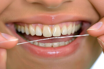 Woman portrait, dental floss and flossing teeth with smile, oral hygiene.