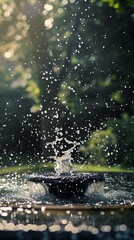 A fountainsplashes water into the air, creating a beautiful display of droplets