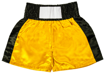 Yellow Muay Thai shorts isolated on white background, Boxing sports shorts, Muay Thai shorts on White PNG File.