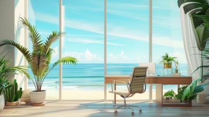 Fototapeta premium Interior of a stylish office with a panoramic window on the tropics
