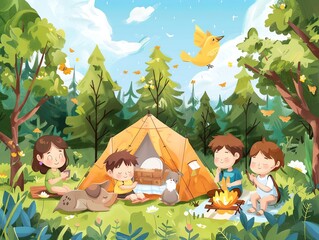 Four children and a dog are camping in the forest