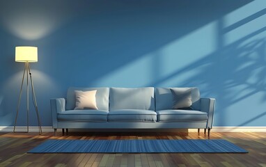 3d render of modern interior design with blue wall and sofa on wooden floor