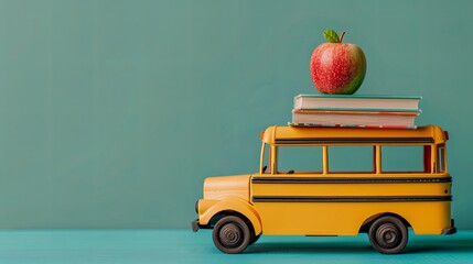 red apple and books on yellow toy bus. green school background. with place for text. End of School year, Back to school