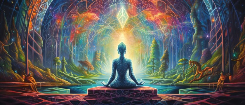 illustration of higher yoga relax chill out dmt visions spirit 7 colored chakras meditation dmt hallucinations multiverse connected through a nervous system trippy psychedelic