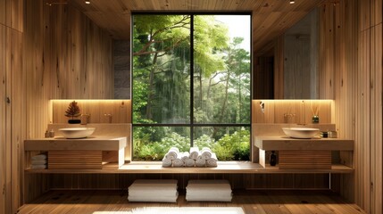 The interior of a hotel bathroom with a sink, vanity, and a panoramic window is made of wood