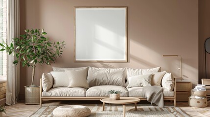 The interior of a beige modern home relaxing room with a couch and coffee table, framed in a mockup