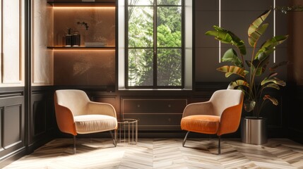 This is a stylish interior image of a relaxing room with two armchairs and a drawer. A mockup wall can be seen in the background.