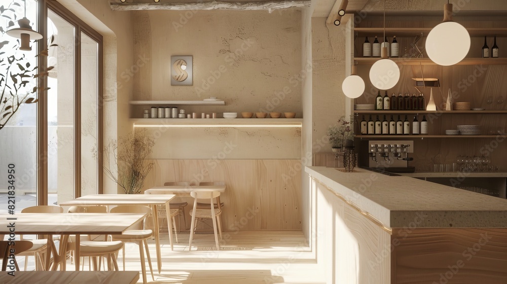 Poster Featuring a beige cafe interior with a dining area and meeting space, as well as a bar counter with shelves