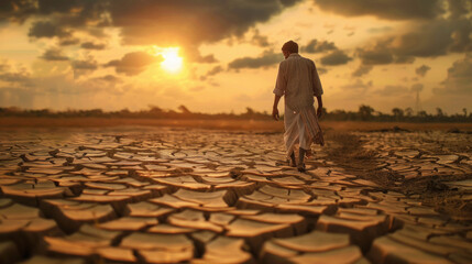farmer standing at dry agriculture field