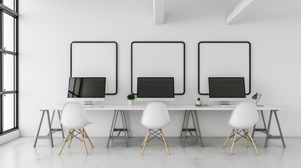 Computers in a row, panoramic window, white coworking interior. Mockup wall
