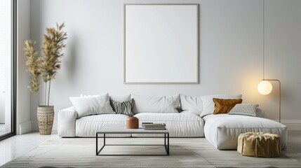 Modern living room with white sofa, coffee table, and blank poster on the wall.