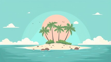 cartoon image of a small tropical island with green palm trees