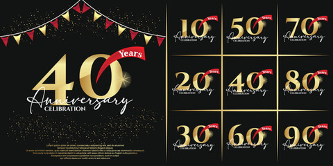 set of anniversary logo flat gold color with red ribbon on black background for celebration moment © MrGraphics1990