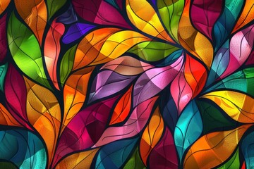 A vibrant abstract background featuring an array of colorful leaves, each leaf rendered in different shades and shapes to create intricate patterns reminiscent of stained glass windows.