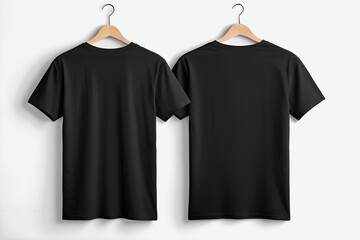 Hanging Blank Black T-Shirt Mockup, Isolated Background, Front and Back View. Empty Black T Shirt for Mockup.