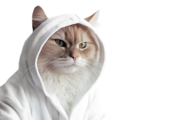 Serious cat in a bathrobe isolated on a transparent background.