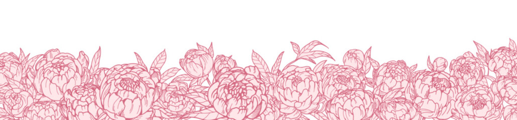 Flower border, peony blooms. Floral garden banner with gorgeous buds. Botanical decorative edge, delicate detailed drawing. Hand-drawn Japanese flora. Horizontal vector illustration isolated on white © Good Studio