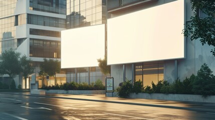 Obraz premium On an urban street background, twin blank billboards display advertising concepts on a modern building exterior. Stock AI.