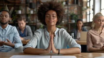 Fototapeta premium Grasping the office table in lotus yoga pose, the woman is meditating, relaxing, and ignoring the work demands of her diverse team members.
