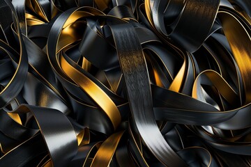 SEAMLESS 3D abstract background of looping, metallic ribbons in black and gold