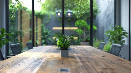 Stock AI concept of a modern conference room in natural light, with a wooden table, office chairs, and plants.