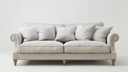 Stock AI design of a beige sofa with cushions against a plain white background.