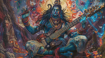 lord shiva as a heavy metal guitarist in a concert.