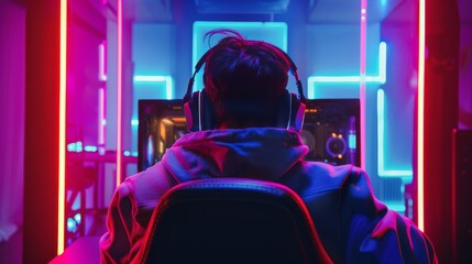 Obraz premium A back view shot of a professional gamer playing an online First-Person Shooter video game on his personal computer, surrounded by neon lights in a retro arcade style. Online e-Sport Cyber Gaming.