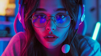 In this video, a beautiful friendly pro gamer girl does video game gameplay streams. She wears headphones and speaks into a headset microphone. Teenagers are having fun while wearing headphones.