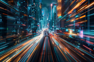 Speed light trails path through smart modern mega city and skyscrapers town with neon futuristic technology background, future virtual reality, motion effect, high speed light 