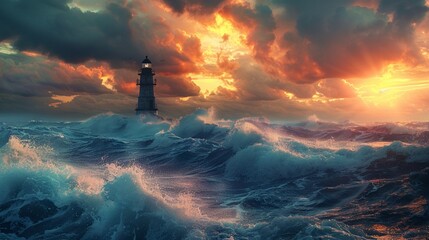 A captivating seascape capturing the beauty and power of the ocean, with crashing waves, dramatic clouds, and a distant lighthouse, invoking a sense of adventure and wanderlust. - Powered by Adobe