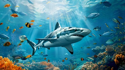 Fototapeta premium Majestic Great White Shark Gliding Through Vibrant Underwater Realm, Surrounded by Diverse Marine Life. Serene Oceanic Landscape Captured in Vivid Detail. Ideal for Educational and Creative Use. AI