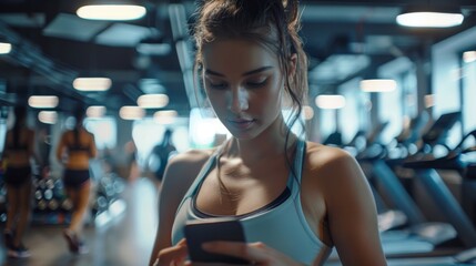 Fototapeta premium An athletic woman walks through a fitness club gym using a smartphone, interacting with social media, posting pictures, and checking emails. Sports people are running on treadmills in the background.