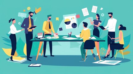 A group of professionals in business suits are having a meeting in an office