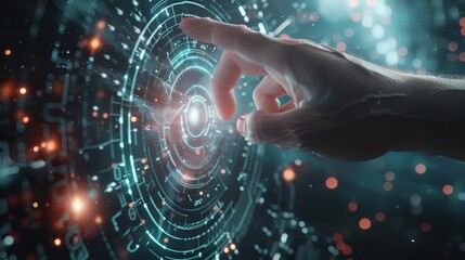 Using a human finger, a futuristic artificial intelligence is activated. Visualization of Machine Learning, AI, and Computer Technology merging with humanity.
